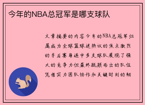 今年的NBA总冠军是哪支球队