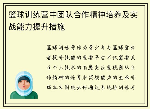 篮球训练营中团队合作精神培养及实战能力提升措施